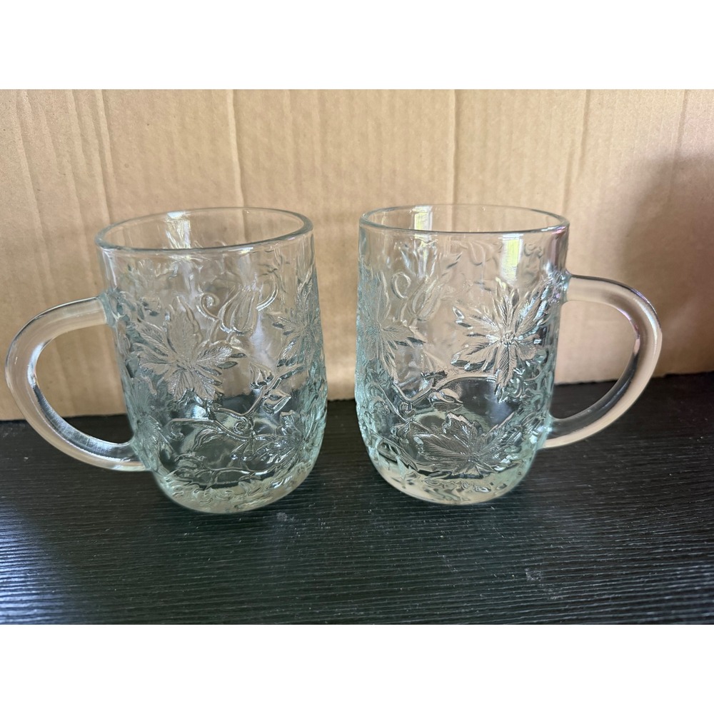 Vintage Princess House Embossed Floral Glass Mugs Poinsettia Coffee Cups Set